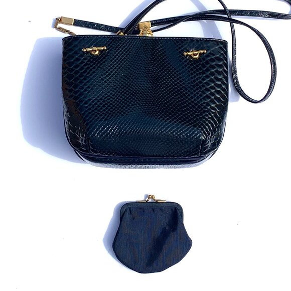 VTG Rosenfeld Navy Leather Faux Reptile Skin Handbag with Coin Purse, 1960s - Picture 13 of 15
